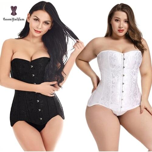 Solid Black And White Floral Steel Boned Body Shapers Big Women Boned Gorset Long Troso Corsets And Bustiers Plus Size