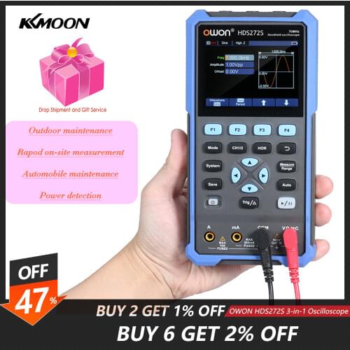 OWON HDS272S 3-in-1 Oscilloscope Multimeter Waveform Generator 2CH 70MHz Bandwidth 20000 Counts Handheld Digital Scope Meter