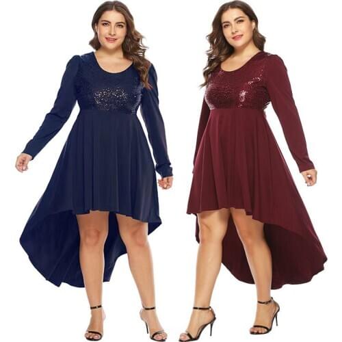 Autumn Winter Plus Size Women Long Shiny Sequin Dress Long Sleeve Pleated Asymmetrical Party Purple Dress Elegant 3xl 4xl 5xl
