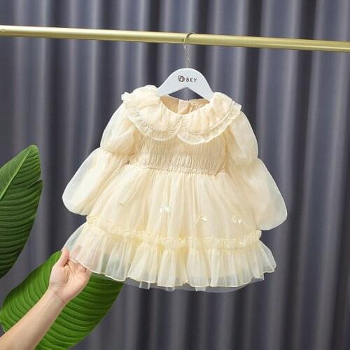 Little Girl Pearl Collar Yarn Mesh Dress Lantern Sleeve French Style Champagne Color Fairy Autumn Birthday Girls Dresses