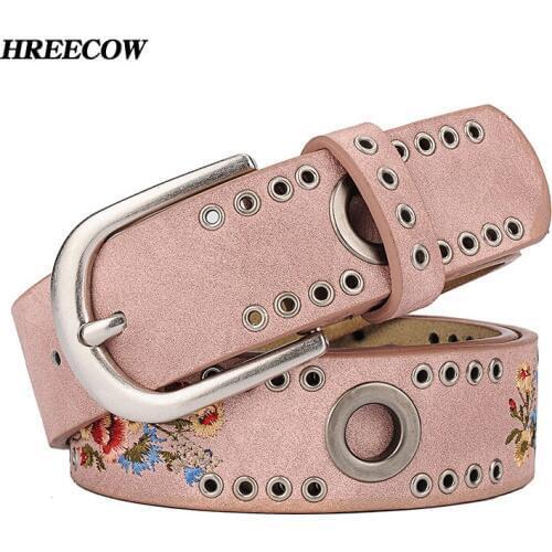 Fashion Womens Waist Belt Hollow Rivets PU+Cowskin Leather Strap For Ladies Luxury Flower Waistband Female Pin Buckle Ceinture