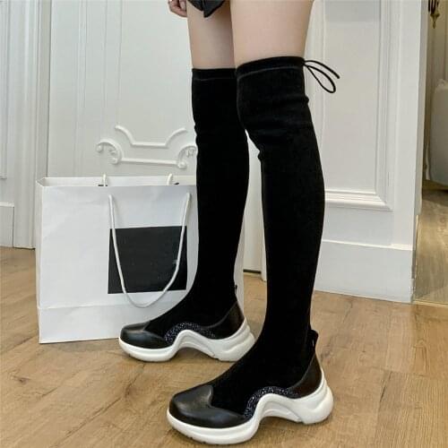 Chunky Platform Pumps Women Cow Leather Over The Knee High Boots Female Stretchy Velvet Round Toe Thigh High Fashion Sneakers