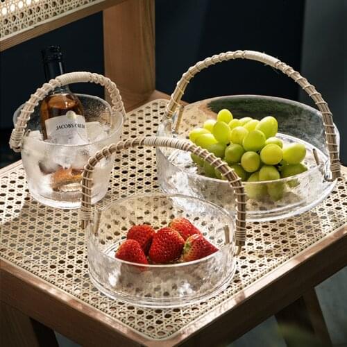 Creative fruit plate living room home wind bamboo rattan handle glass wine barrel plate fruit basket kitchen storage container