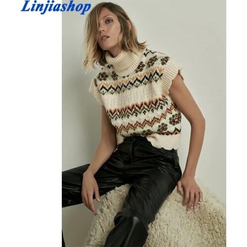 Spring women pullover knitted sweater cropped vest vintage sleeveless reffle trim turtleneck top female chic vestidos