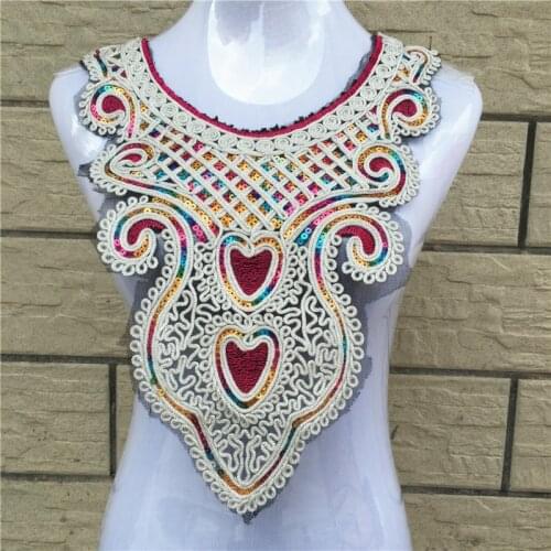 5pcs 28*40cm Craft Silver Heart Collar Venise Sequined Floral Embroidered Applique sewing Trim Decorated Lace Neckline Collar