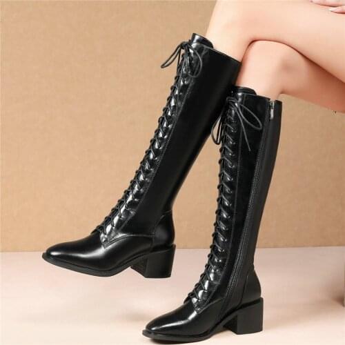 Winter Warm Thigh High Creepers Women Lace Up Genuine Leather High Heel Knee High Boots Female Square Toe Platform Pumps Shoes