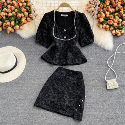 2 Piece Skirts Sets Women Summer 2021 New Puff Sleeve Square Collar Short Shirts And Zipper Fly Mini Skirt Black White