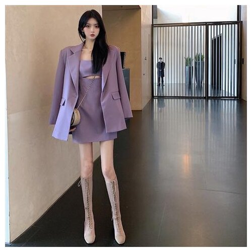 Spring and summer 2021 new womens suit loose long-sleeved blazer+waist strap dress two-piece ins