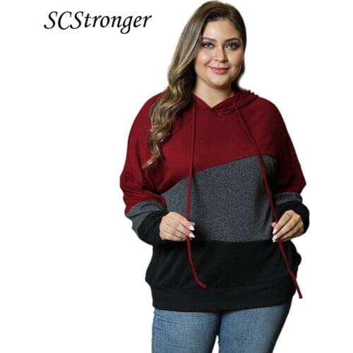 SCSTRONGER Autumn And Winter Womens New Plus Size Hoodie Contrast Color Hooded Long Sleeved Plump Girl Casual Sweater Кофта