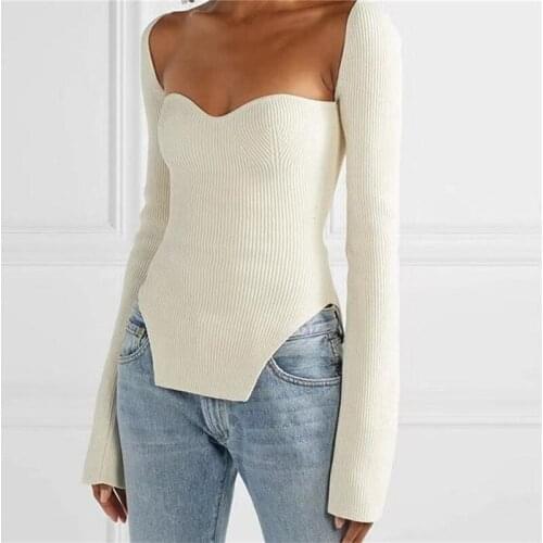 2021 New Sqaure Collar Full Sleeves Elastic Pullover White Black Low Cut V-Neck Cropped Bottoming Slim Fit Knitted Pullover