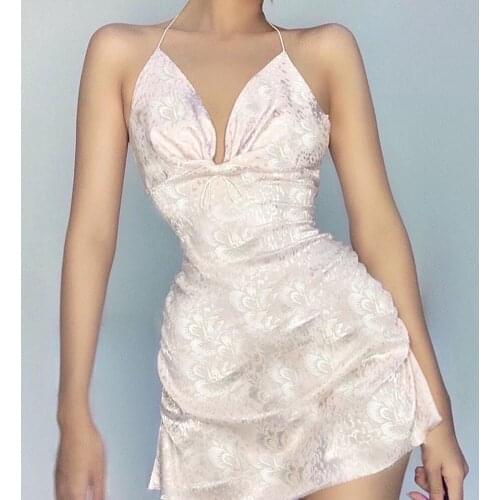 Vintage Folds Halter Cami Mini Dress Women Pink Solid Sweet Satin Sexy V Neck Low-cut A Line Backless Prom Party Dresses