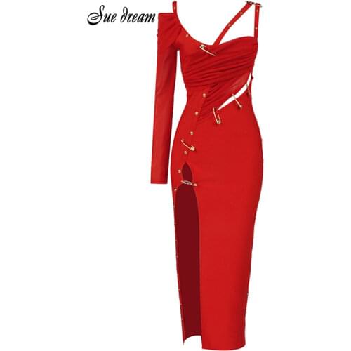 2021 New Fashion Chic Elegant Stitch Split Design Sexy Hollow V Neck One Shoulder Celebrity Party Bandage Long Dress