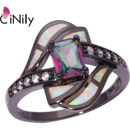 CiNily Created White Fire Opal Mytic Cubic Zirconia Black Gold Color Wholesale for Women Jewelry Ring Size 6/7/8/9 OJ8460