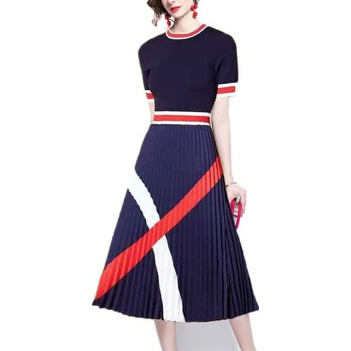 Summer Runway Elastic Knitted Short Sleeve Dresses For Women Fashion Knitted Patchwork Striped Pleated Simple Midi Vestidos