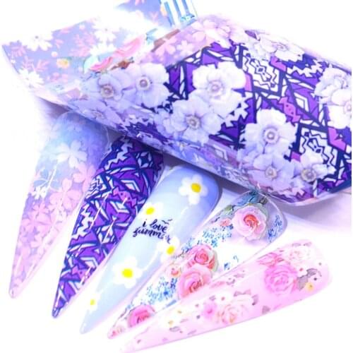 YWK 10pc Laser Rose Gold Matte Metal Foil Nails Holographic Flower Starry Sky Nail Foils Transfer Sticker DIY Manicure Decals