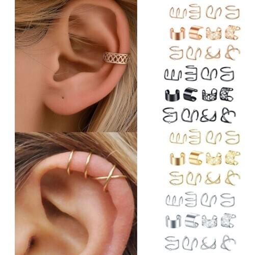 12 Pairs Ear Cuff Helix Ear Clip On Wrap Earrings Unisex Silver Black