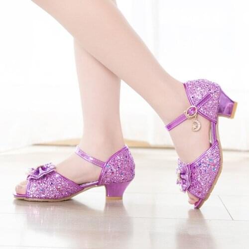 2021 Princess Fashion Glitter Bow Little Girl Child Sandals Summer Heel Shoes For Girls Leather Sandals Kids Footwear 3-12 Years