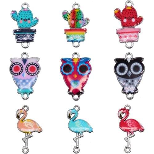 5pcs Owl Flamingo Cactus Enamel Alloy Connector Bracelet Jewelry DIY Necklace Accessories DIY Fashion Jewelry Finding