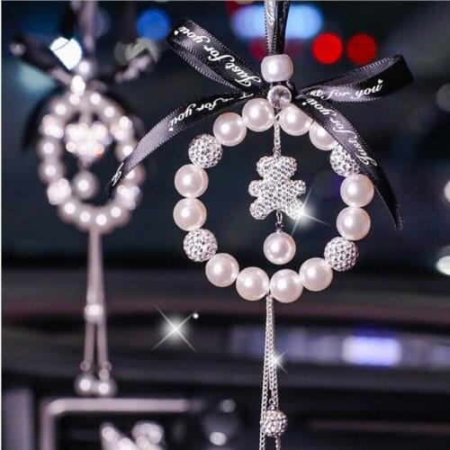 Car Interior Accessories Pearl Diamond Round Bow Bear Multi-style Rearview Mirror Korea Pearl Car Pendant Ornament