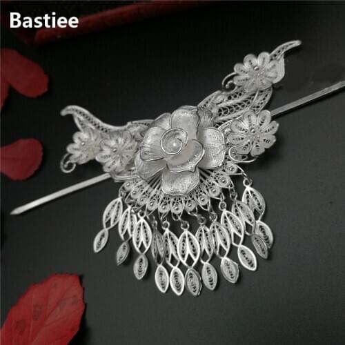 Bastiee Ethnic 999 Sterling Silver Hair Stick Hmong Tassel Hair Accessories For Women Miao Handmade Hairpin Luxury Jewelry