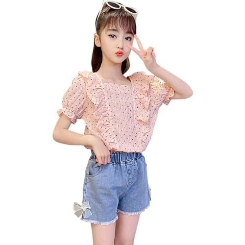 Kids Clothes Girls Dot Tshirt + Denim Skirt Clothing For Girls Bow Clothes For Teenage Girls Summer Costumes For Children