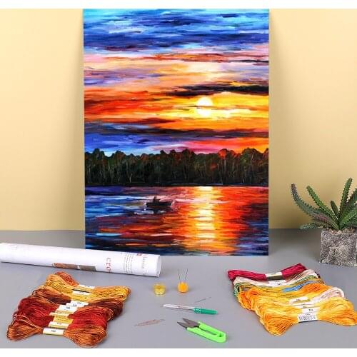 Fishing By The Sunset Printed Canvas 11CT Cross Stitch DIY Embroidery Set DMC Threads Hobby Craft Painting Handmade Magic