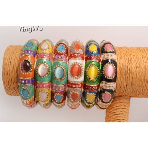 Yingwu Chinese Crafts Cloisonne Enamel Bangle Bracelet 10pcs Charming Elegant Ethnic Cat Eye Stone Bracelets Version Jewelry
