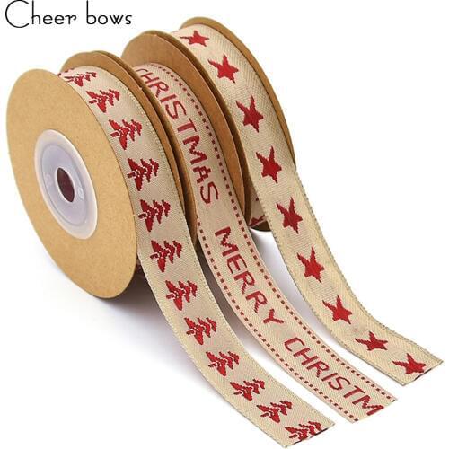 CheerBows 15mm Hemp Ribbon Christmas Printed Linen Jacquard Ribbon For DIY Craft Printed For Needlework Gifts Packing Decoration
