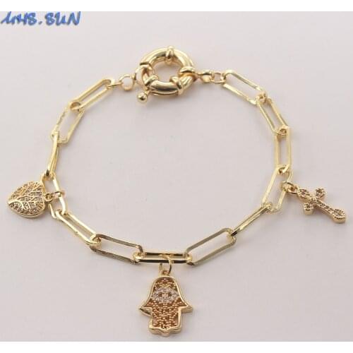 MHS.SUN Mosaic Zircon Heart/Cross/Fatima Hand Pendant Chunky Chain Bracelet Fashion Women Bracelet Exaggerated Style Jewelry