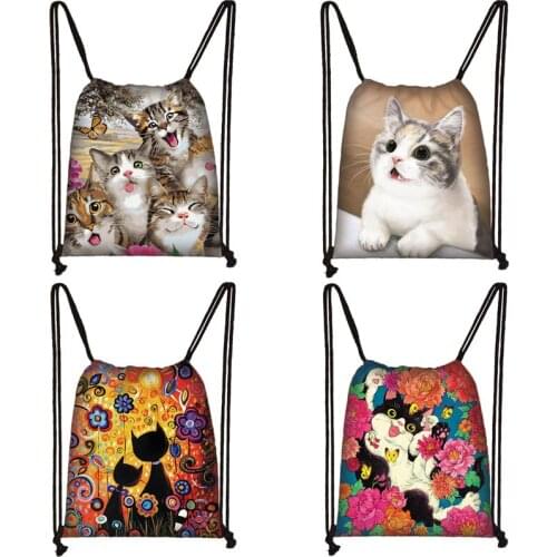 Cute Small Cat Print Casual Drawstring Bag Women Bundle Pocket Cartoon Shoulder Bag for Travel Ladies Portable Shopping Bags
