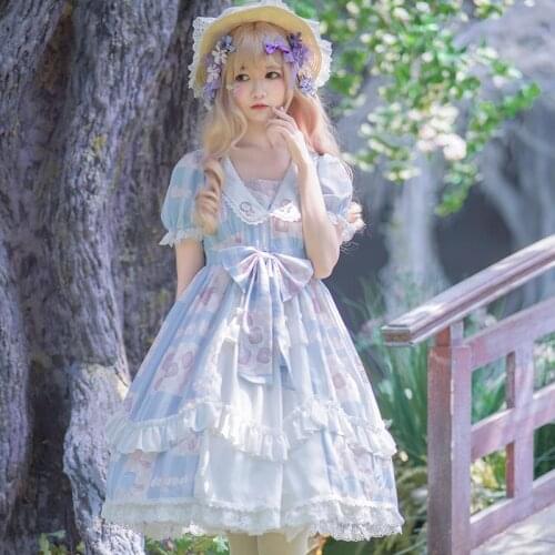 Lovely Cute Lolita Op Dresses For Women Summer Short Sleeve Cosplay Anime Girls Peter Pan Collar Kawaii Japanese Lolitas Dress