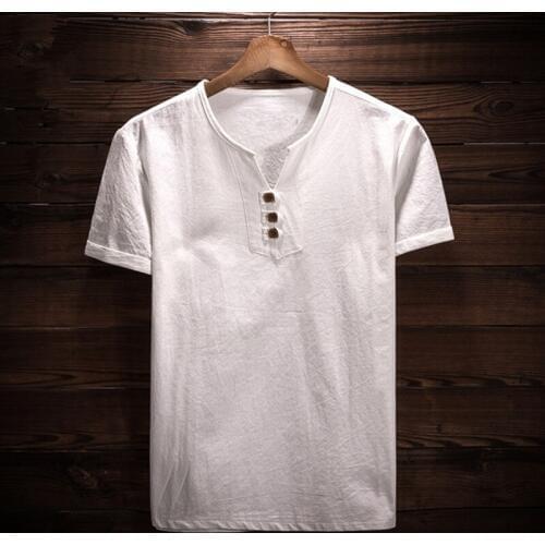 Plus Size M-7XL Men Top Blouse 2020 Summer Cotton Linen Mens V-neck t-Shirt Flax Slim Three Wood Button Short Sleeve White/Blac