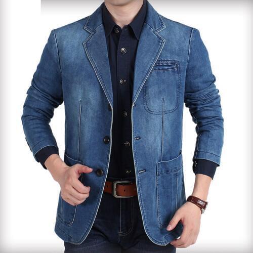 Spring Fall Smart Casual Mens Full Sleeve Suit Collar Blue Denim Blazer , 3xl 4XL Autumn Male Cotton Jeans Blazers Coats For Man
