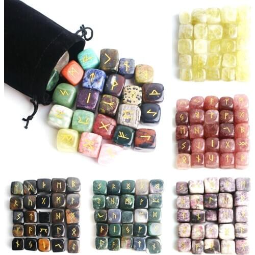 25Pcs Natural Chakra Crystal Rune Stone Square Shaped Tumbled Runes Stone Polished Gemstone Gravel Healing Aquariums Decor