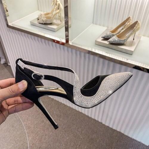 Charming Ladies Rhinestone Drilled Curve Ankle Strap Pumps Thin Heels Pointed Toe Patchwork Crystal Bling Wedding Dress Heels