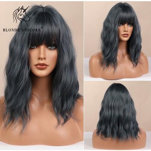 Blonde Unicorn Short Curly Grey Blue Bob Wigs with Bangs For Women Daily Party Natural Synthetic Heat Resistant Fiber Hair