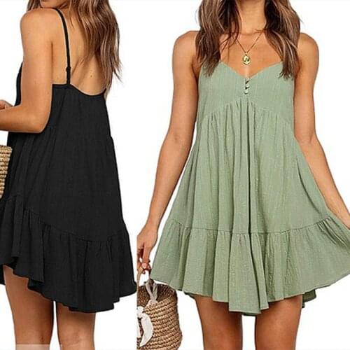 Women Summer Sleeveless Dress, Adults Solid Color V-neck Spaghetti Strap Ruffles Backless Loose Dresses