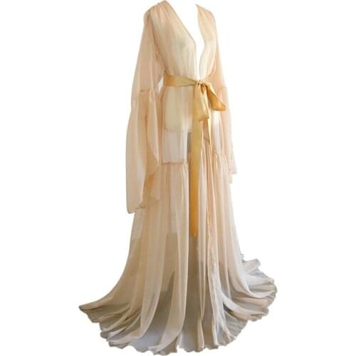 Champagne Maternity Gowns Belt Long Sleeve Pregnant Women Dress for Photoshoot Boudoir Lingerie Bathrobe Nightwear Baby Shower