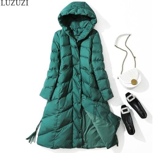 LUZUZI 2021 New Elegant Womens Winter Down Jacket X-Long Warm Puffer Coats Jackets Hooded Down Parka Female Outerwear Plus Size