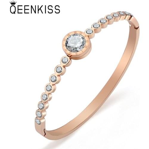 QEENKISS BT806 Fine Jewelry Wholesale Fashion Women Girl Birthday Wedding Gift AAA Zircon Titanium Stainless Steel Cuff Bracelet