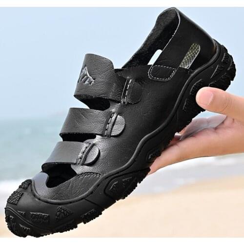 Men Sandals Genuine Leather Summer Flat Walking Footwear Outdoor Slippers Male Casual Beach Shoes Flip Flops