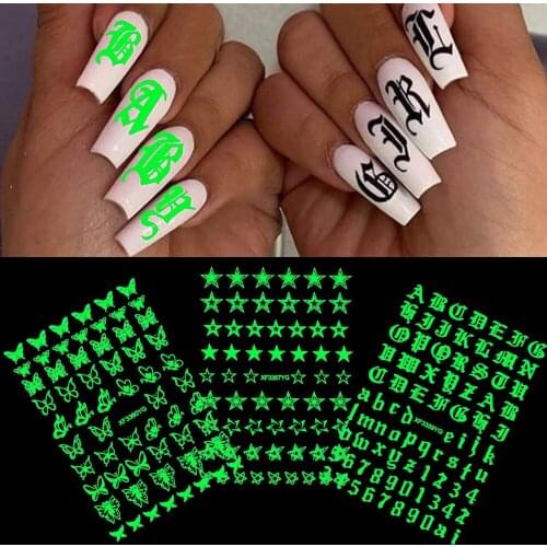 Halloween Theme Luminous Nail Sticker 3D Effect Butterfly Leaf Flower Design Transfer Decals Nail Art Decoration Manicures Tips