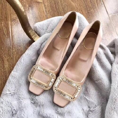 Spring rhinestone square buckle mid-heel square toe thick heel single shoes satin high-heel bridal party dress womens shoes
