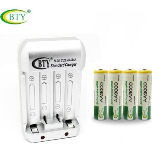 BTY Hi-speed Quick AA AAA Rechargeable Battery BTY Charger N95 with BTY 4x AA 3000 series 850mAh 1.2V NI-MH Rechargeable Battery
