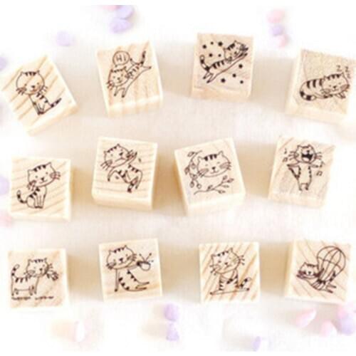 XINAHER 12 pcs/box mini Cartoon cat stamp DIY wooden rubber stamps for scrapbooking stationery scrapbooking standard stamp
