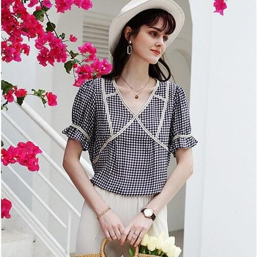 100% Silk Blouse Women Shirt Casual Style Plaid Printed V Neck Ruffle Half Sleeve Loose Shirt New Fashion