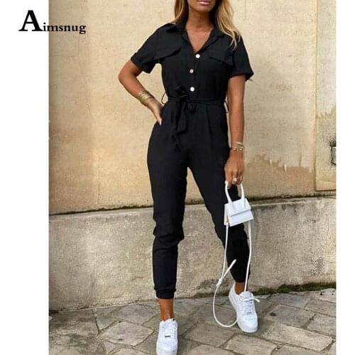Women Fashion 2021 Jumpsuits Black Khaki Sexy Femme Clothing Belted Trousers Slim Fit Skinny Rompers Short Sleeve Bodysuits