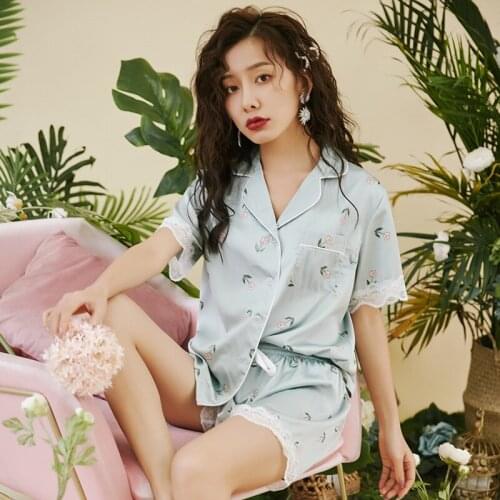 Women Lace Trim 2PCS Summer New Pajamas Suit Turn-down Collar Shirt&Shorts Home Wear Flower Print Sleepwear Lounge Nightwear