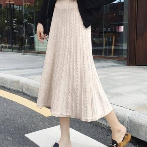 Winter Knitted New Fashion Skirt Womens 2020 Women Elegant High Waist A- Line Korean Style Solid Mid-Length Long Skirts