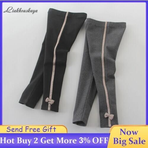 2020 Girls Leggings Girls Autumn Winter Fashion Bow Stripe Pants Kids Velvet Thicken Warm Leggings Casual Skinny Trousers 2-12 Y